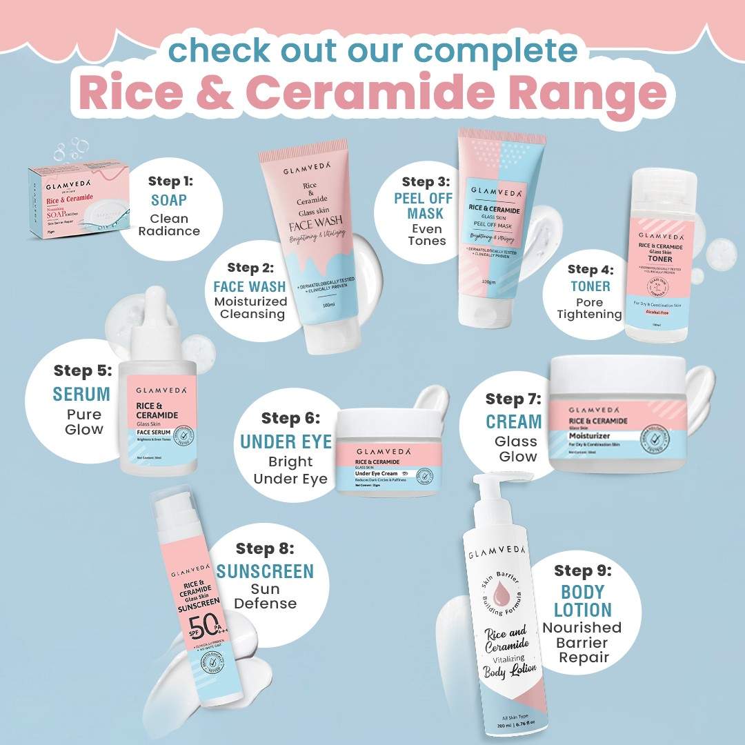 Glamveda Korean Glass Skin Rice & Ceramide 4 Step Gift Box | Face wash, Serum, Under-eye cream, Moisturizer