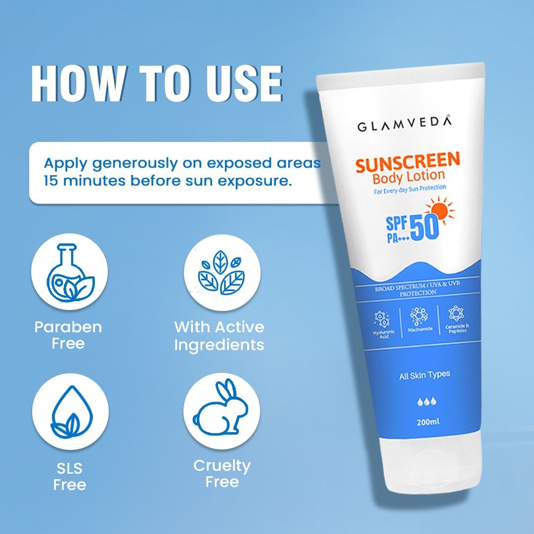 Glamveda Sunscreen SPF 50 PA+++ Body Lotion with Hyaluronic Acid & Niacinamide, Protects & Nourishes