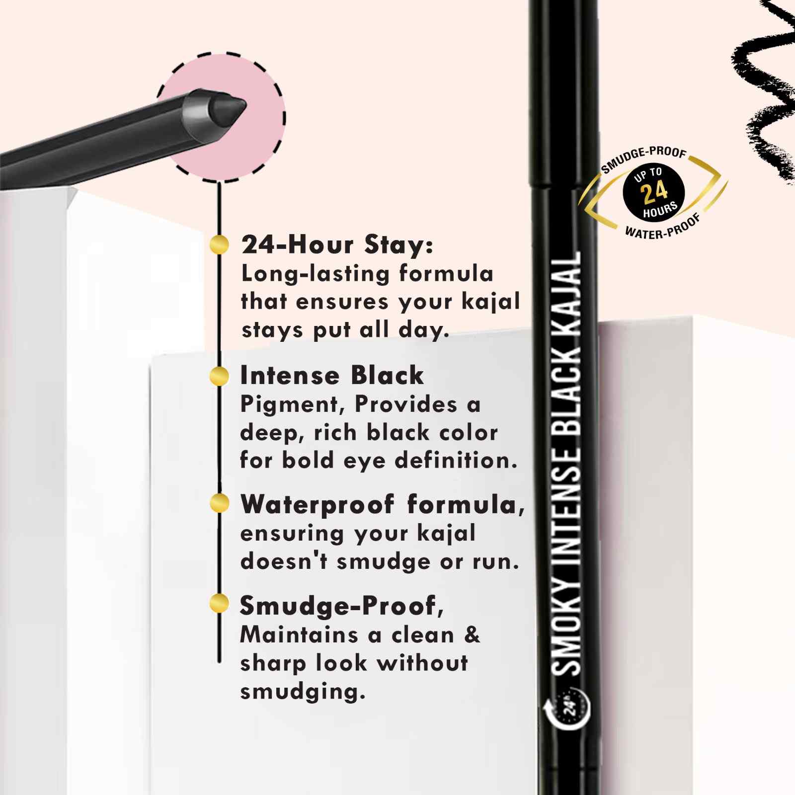 Smoky Intense Black Kajal, 24Hr long stay, Waterproof & Smudgeproof