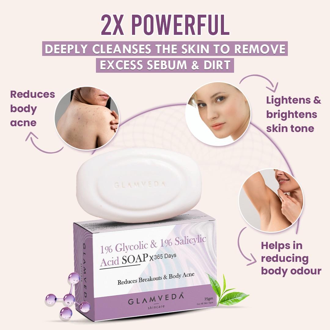 Glamveda 1% Glycolic Acid & 1% ww Salicylic Acid Body Acne Soap Pack of 2