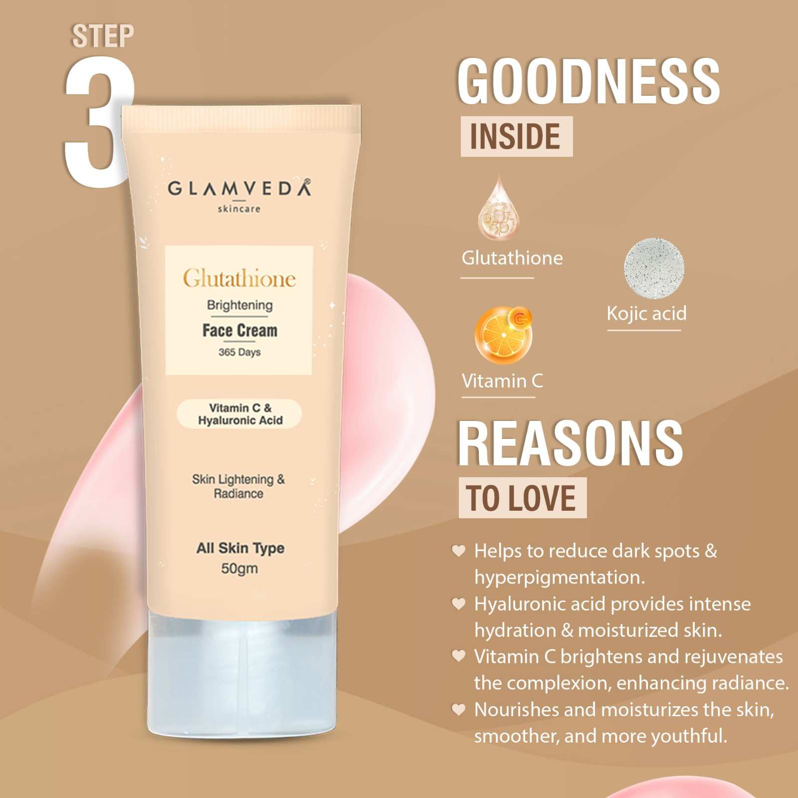 Glamveda Glutathione 4-Step Skincare Routine For Healthy & Radiant Skin | Skin Brightening and Lightening Combo ( Face Wash + Face Cream + Face Serum + Sunscreen )