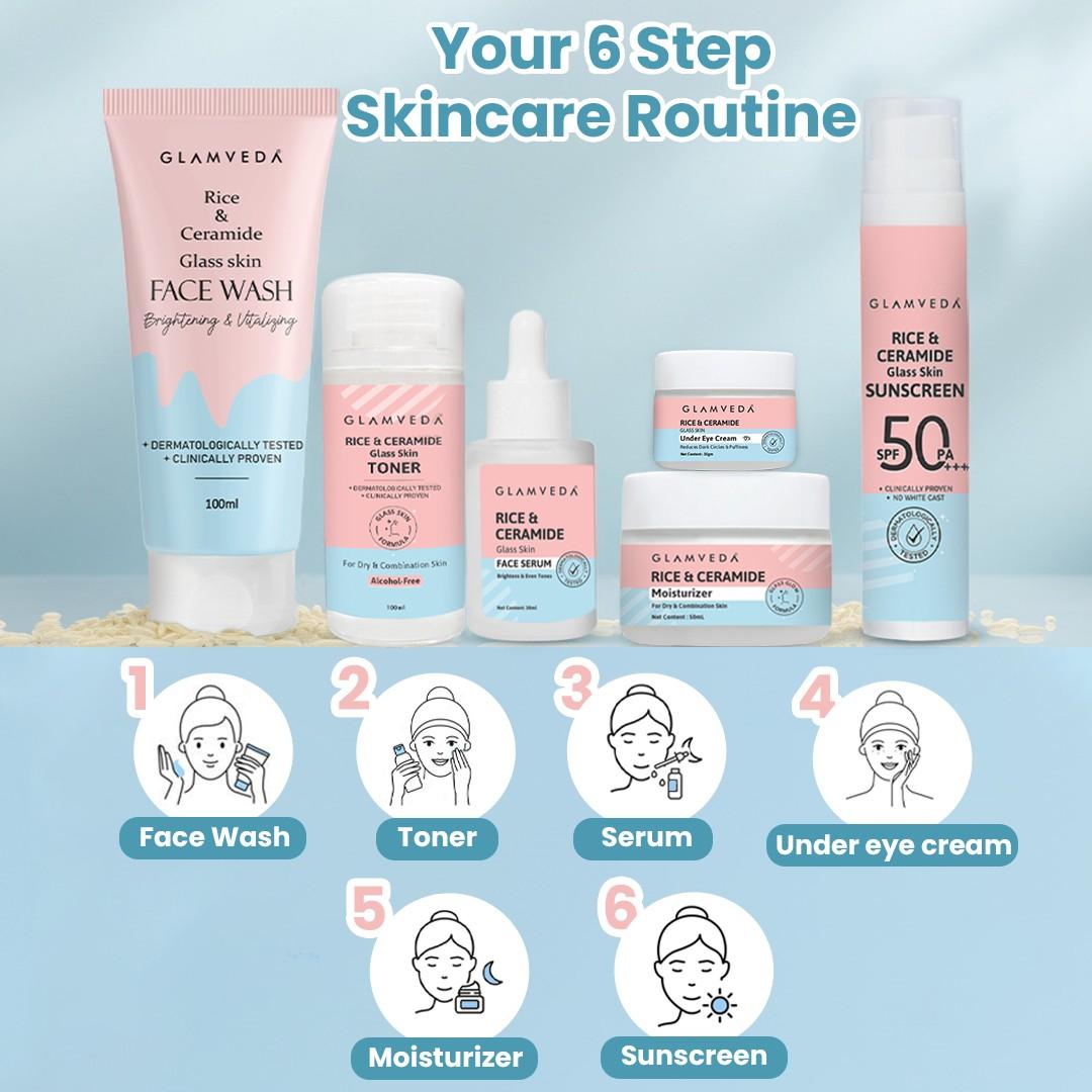 Glamveda Korean Glass Skin Rice & Ceramide 6 Step Gift Box | Face wash, Toner, Serum, Under eye cream, Moisturizer & Sunscreen