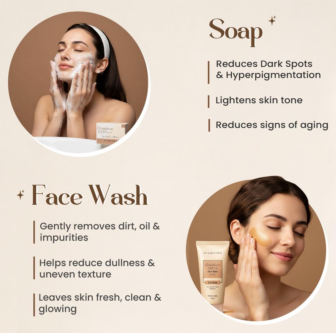Glutathione Bath & Body Skincare Routine Combo | Set of 4 Kit | For Skin Brightening and Lightening | ( Face Wash + Face Cream + Body Lotion + Soap )