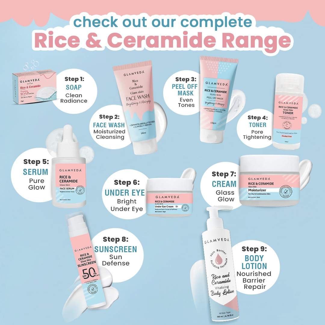 Glamveda Korean Glass Skin Rice & Ceramide 6 Step Gift Box | Face wash, Toner, Serum, Under eye cream, Moisturizer & Sunscreen