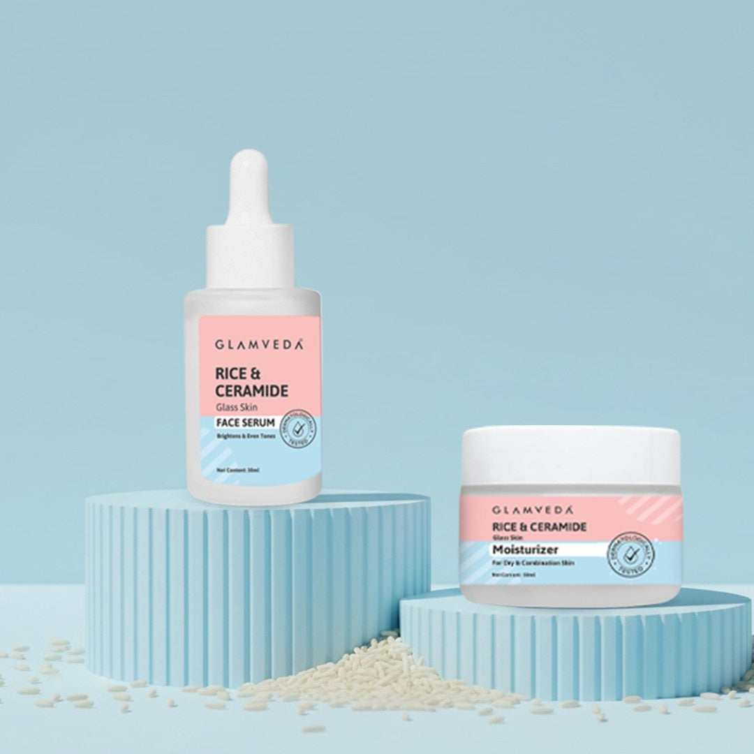 Glamveda Korean Glass Skin Rice & Ceramide Face Serum & Moisturizer Combo For Dry & Sensitive Skin Types