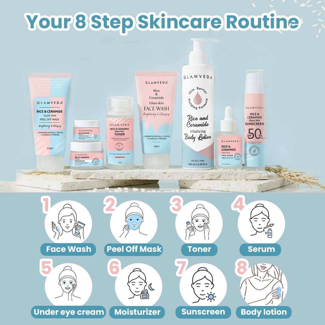 Glamveda Korean Glass Skin Rice & Ceramide 8 Step Weekly Skincare Routine For Women