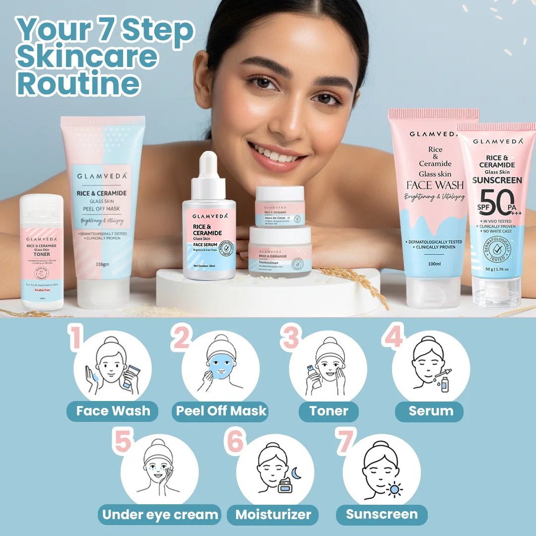 Korean Glass Skin Rice & Ceramide 7 Step Gift Box | Face wash, Peel Off Mask, Toner, Serum, Under eye cream, Moisturizer & Sunscreen