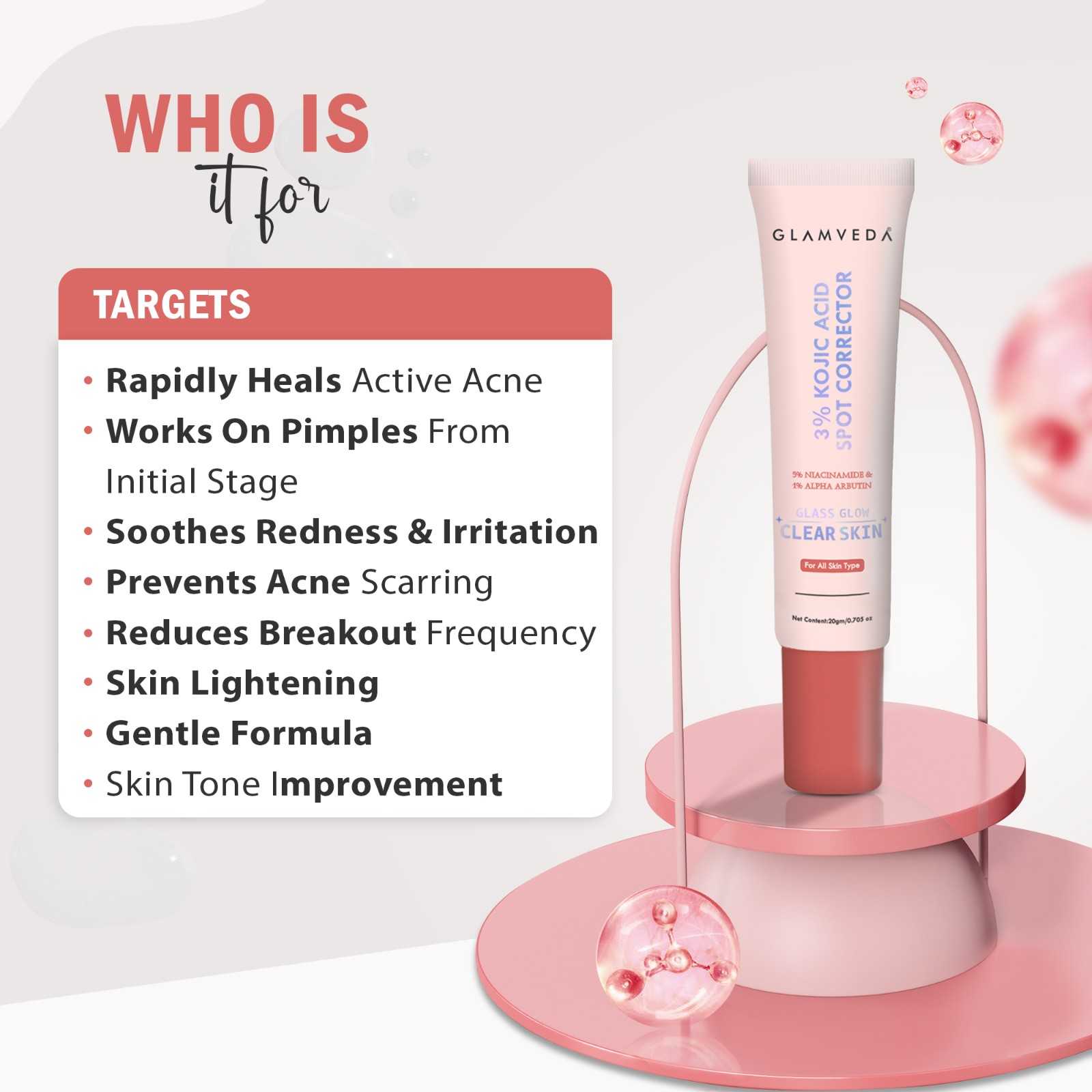 Glamveda 3% Kojic Acid Spot Corrector Gel Reduces Acne Scars & Dark Spots | Glow Booster & Pigmentation Removal