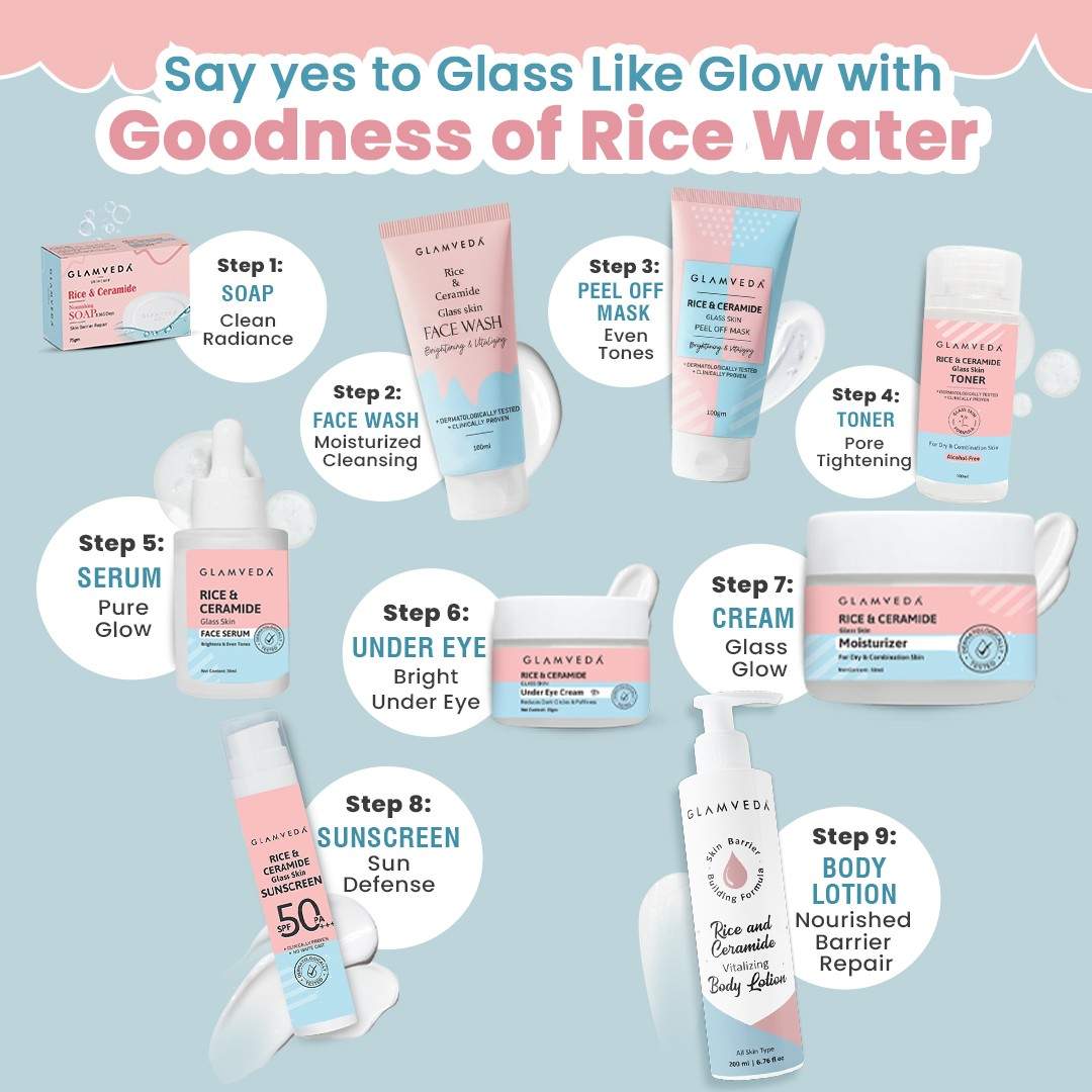 Glamveda Korean Glass Skin Rice & Ceramide 8 Step Weekly Skincare Routine For Women