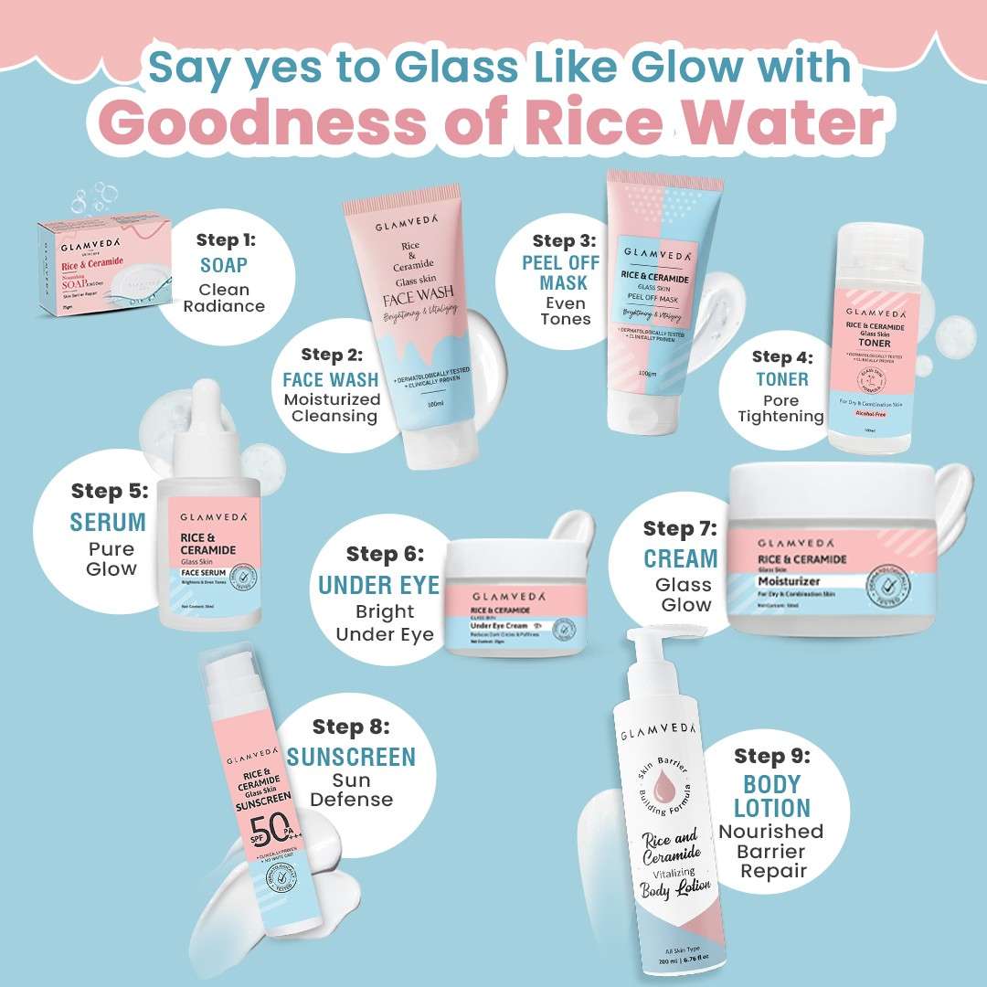 Glamveda Korean Glass Skin Rice & Ceramide 9 Step Weekly Skincare Routine For Women