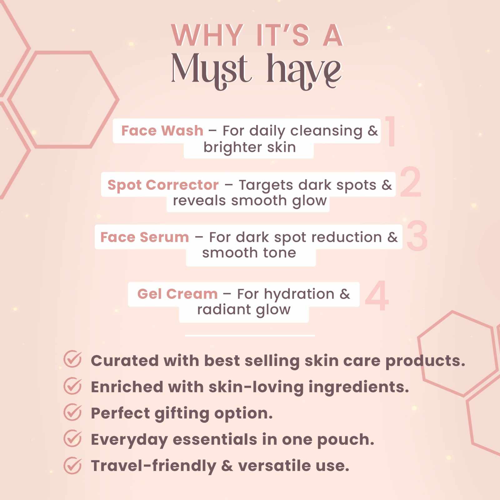 2% Kojic Acid Step 4 Skincare Set With Pouch– Facewash, Spot Corrector, Serum & Cream