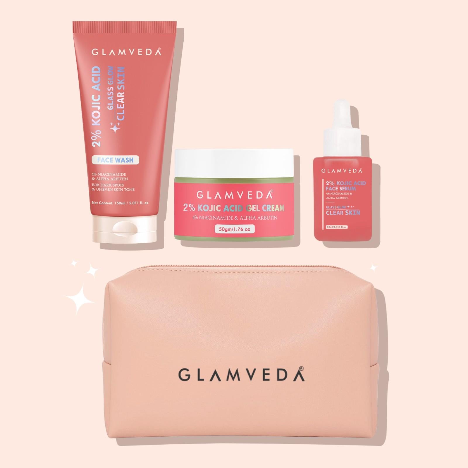 Glamveda 2% Kojic Acid 3 Step Skincare Routine With Pouch– Face wash, Serum & Cream for Dark Spot Reduction
