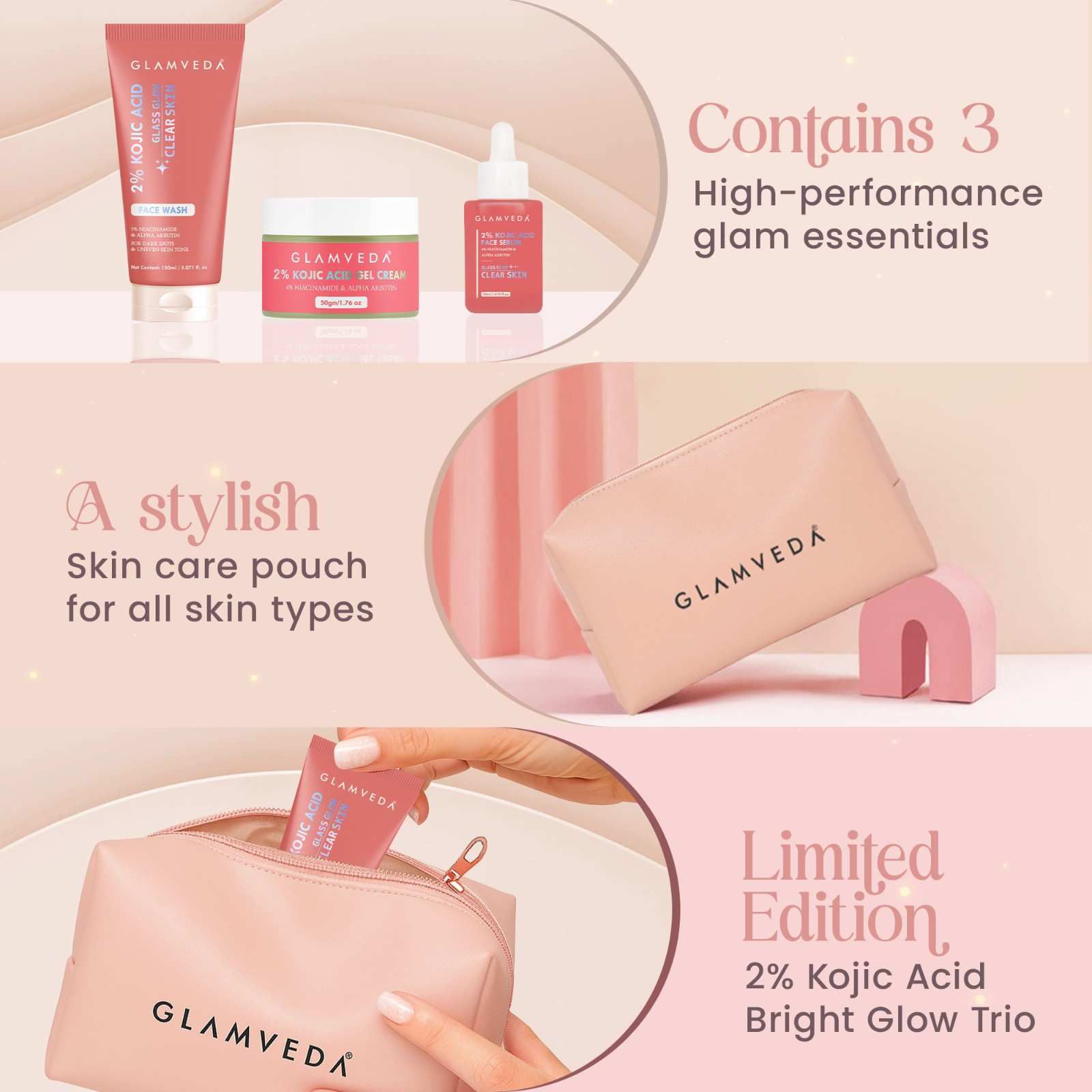 Glamveda 2% Kojic Acid 3 Step Skincare Routine With Pouch– Face wash, Serum & Cream for Dark Spot Reduction