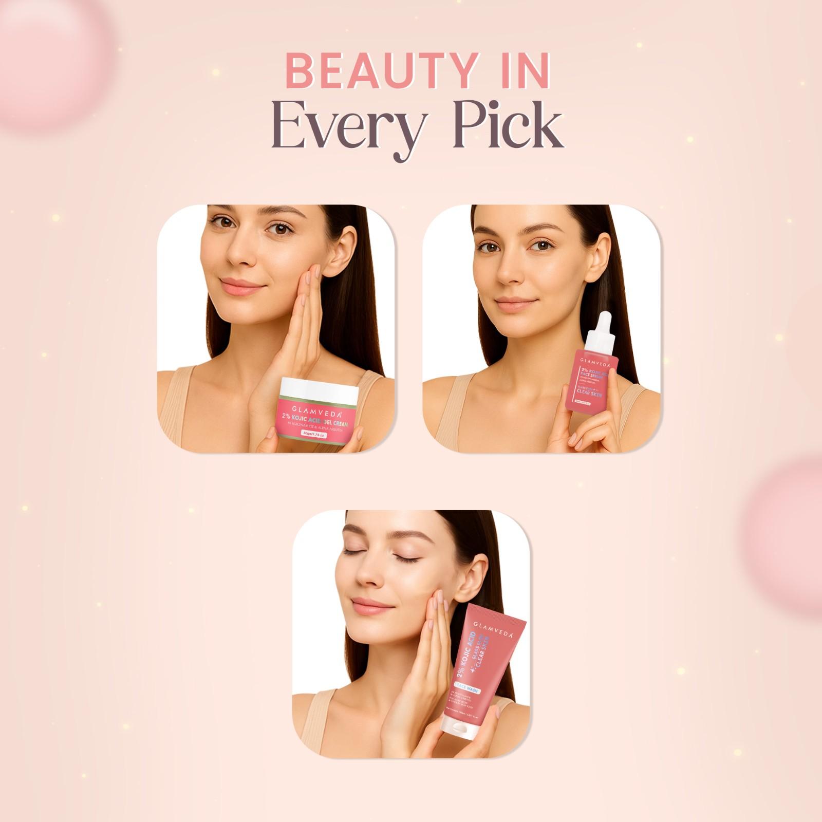 Glamveda 2% Kojic Acid 3 Step Skincare Routine With Pouch– Face wash, Serum & Cream for Dark Spot Reduction