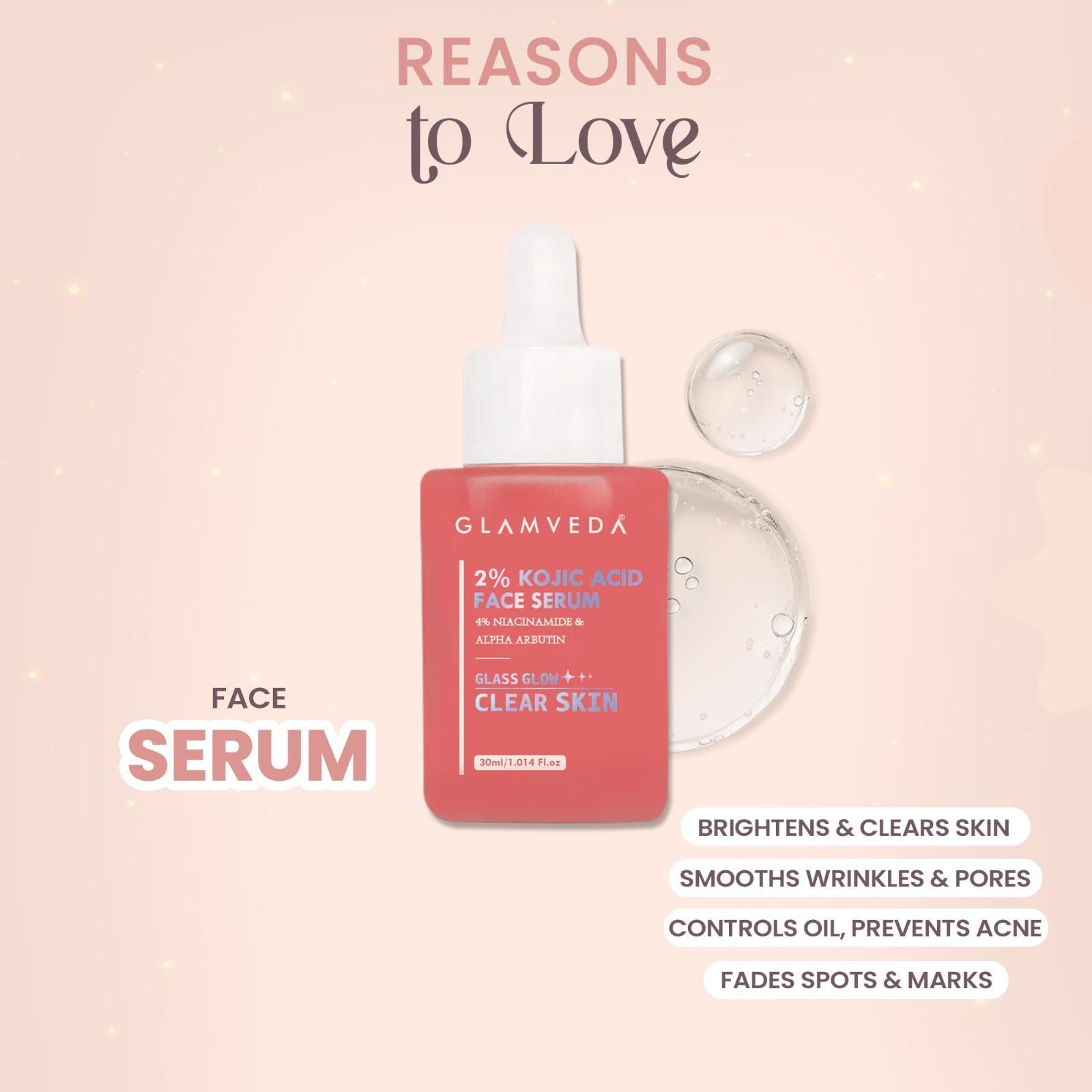 Glamveda 2% Kojic Acid 3 Step Skincare Routine With Pouch– Face wash, Serum & Cream for Dark Spot Reduction