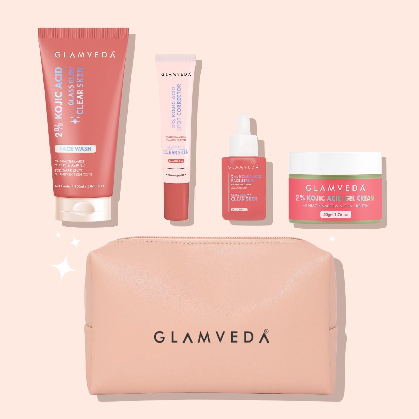 2% Kojic Acid Step 4 Skincare Set With Pouch– Facewash, Spot Corrector, Serum & Cream