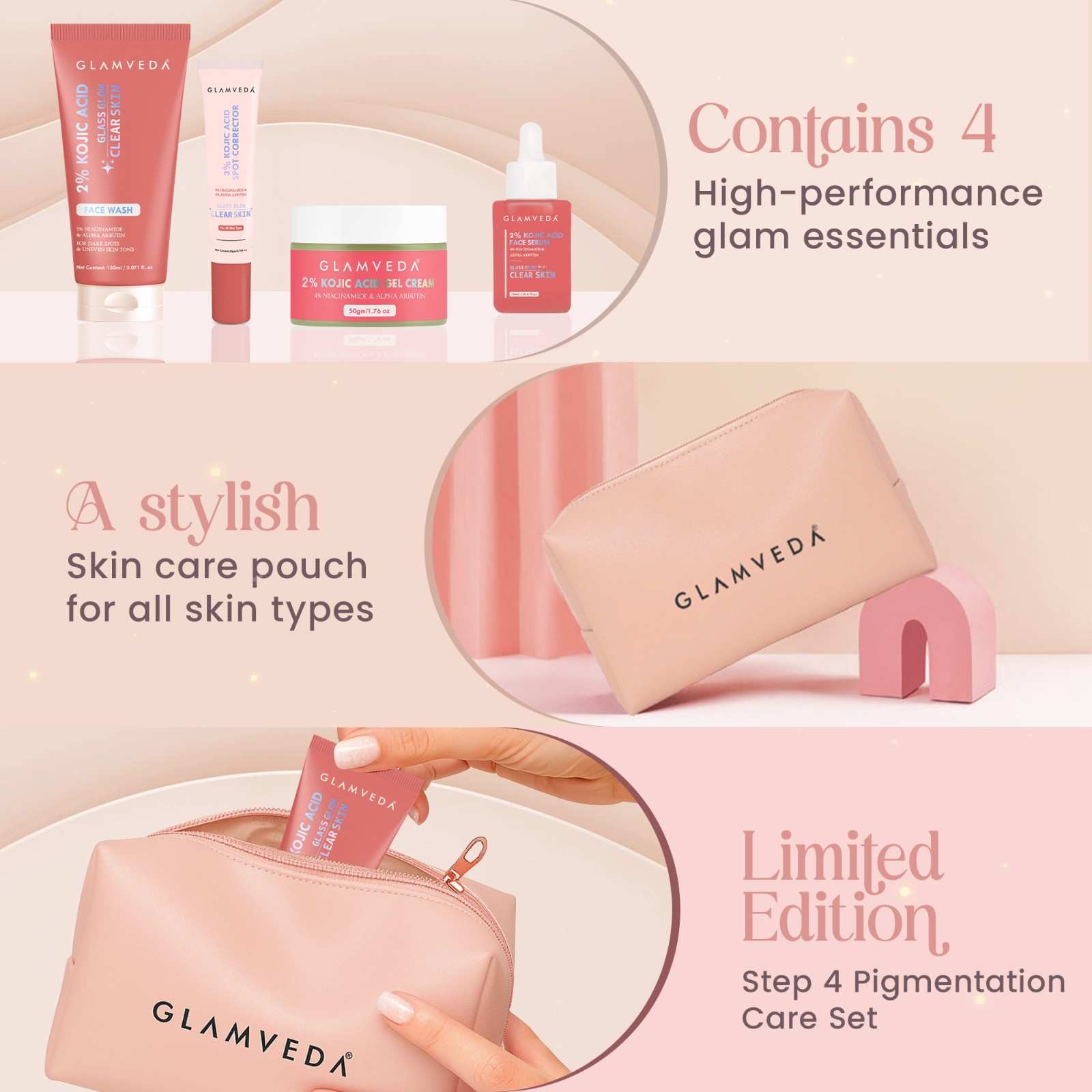 2% Kojic Acid Step 4 Skincare Set With Pouch– Facewash, Spot Corrector, Serum & Cream