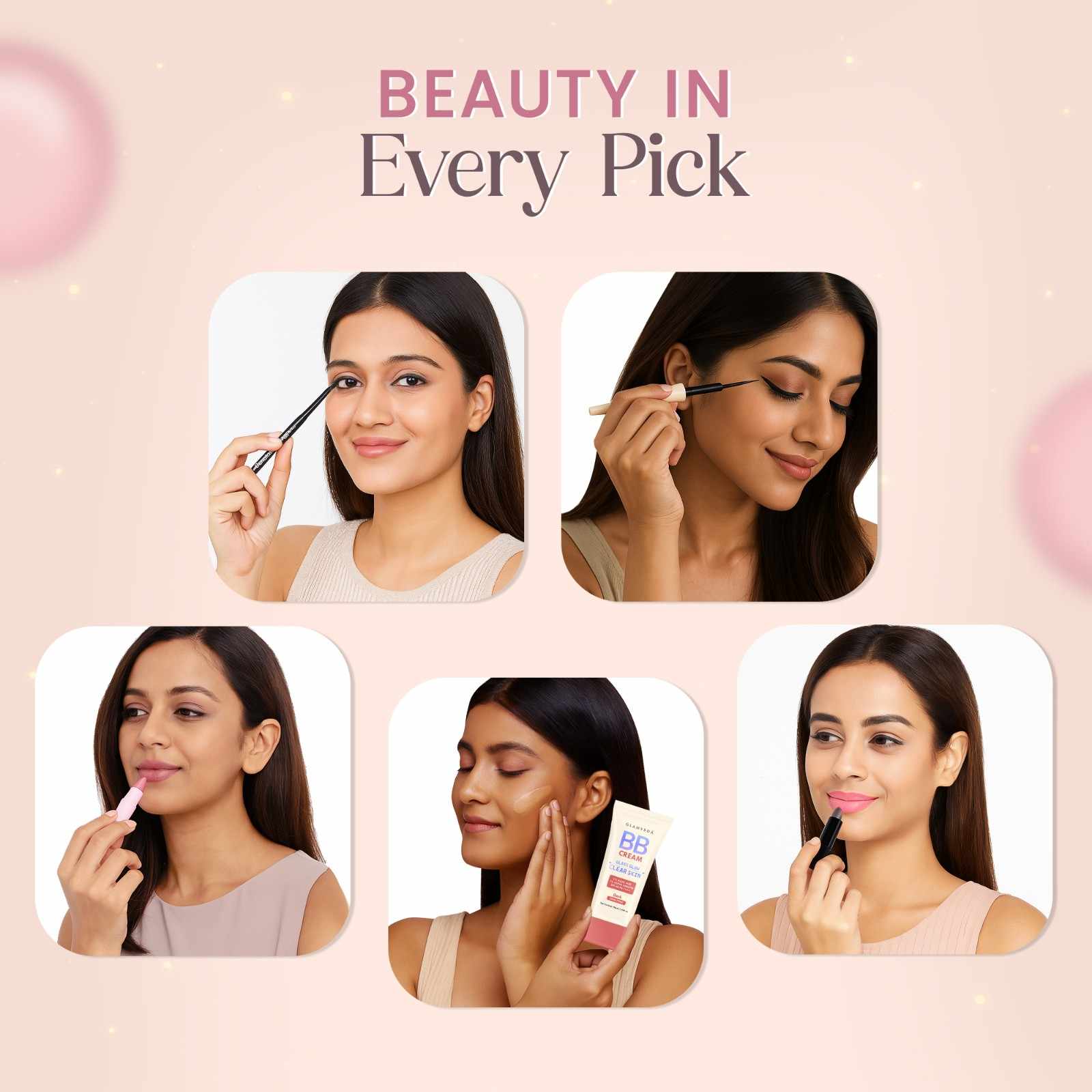 5-Products Makeup Kit – Smudge‑Proof Kajal, Gel Eyeliner, Colour‑Changing & Nude Lipsticks, BB Cream SPF 50(Dark) & Pouch