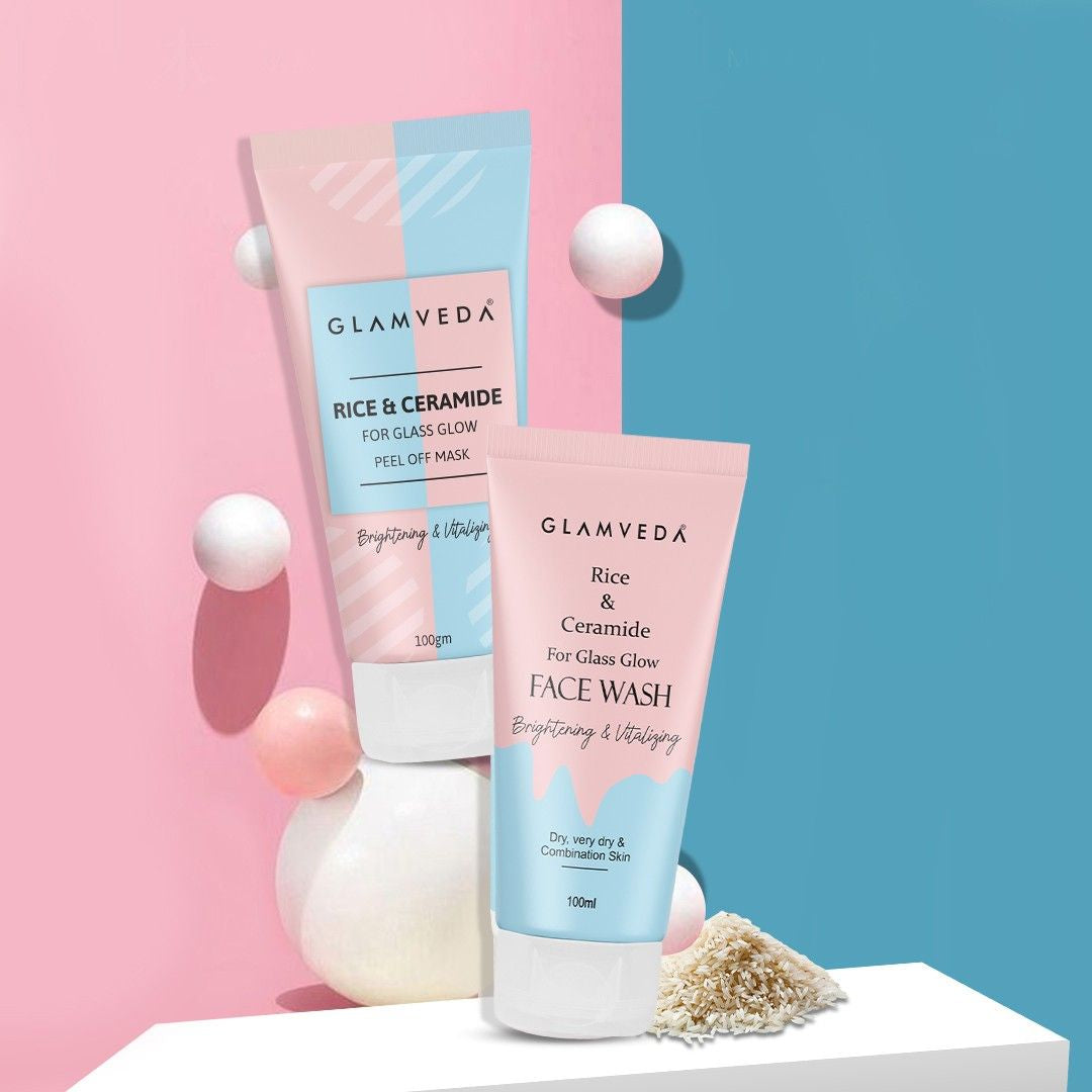 Glamveda Rice & Ceramide Combo | Skin Brightening & Anti Dullness | Improves skin barrier | Face Wash & Peel Off Mask Combo