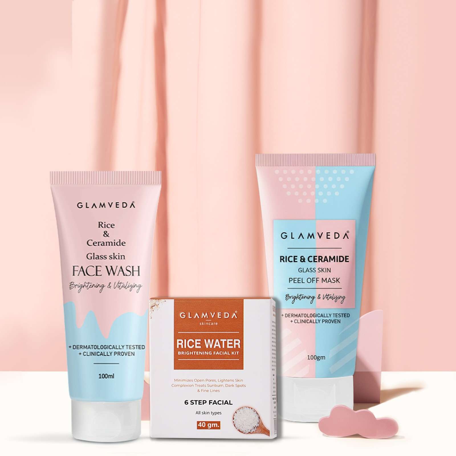 Glamveda Rice & Ceramide Korean Glass Skin Combo Gift Pack | Skin Brightening & Anti Dullness | Face Wash, Facial Kit & Peel Off Mask