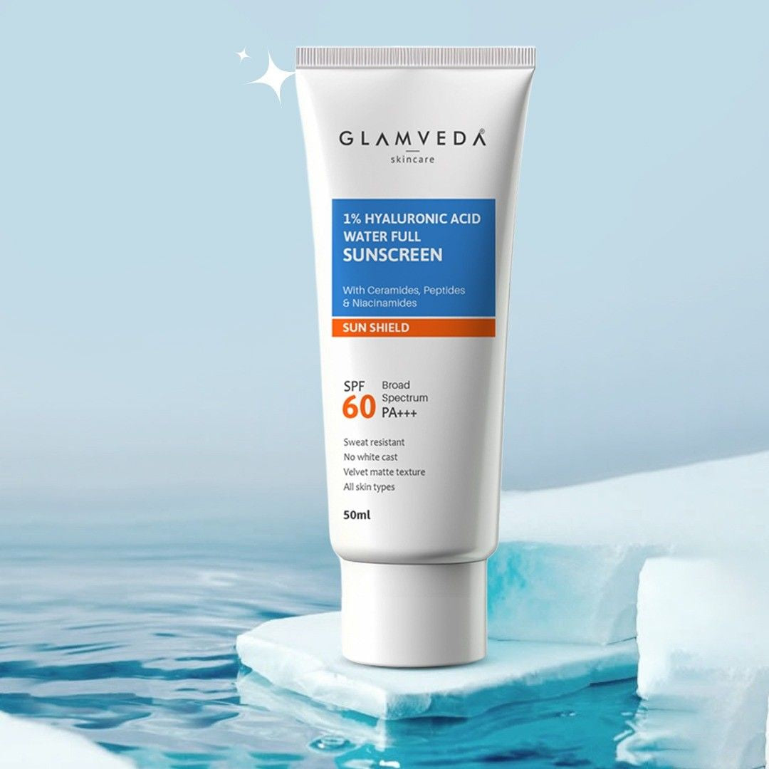 Glamveda 1% Hyaluronic Acid Sunscreen SPF 60, PA+++ | With Ceramides, Peptides & Niacinamide