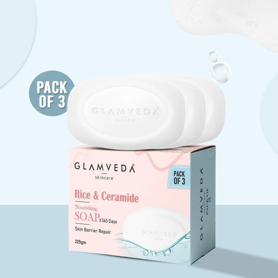 Glamveda Rice & Ceramide Skin Brightening Soap with Hyaluronic acid | Deeply Nourishes & Moisturised | Pack of 3