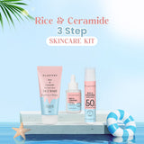 Glamveda Korean Glass Skin Rice & Ceramide 3 Step Combo | Face Wash, Serum & Sunscreen