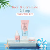 Glamveda Korean Glass Skin Rice & Ceramide 3 Step Combo | Face Wash, Serum & Moisturizer