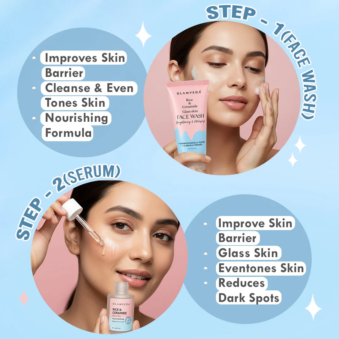 Korean Glass Skin Rice & Ceramide 3 Step Combo | Face Wash, Serum & Sunscreen