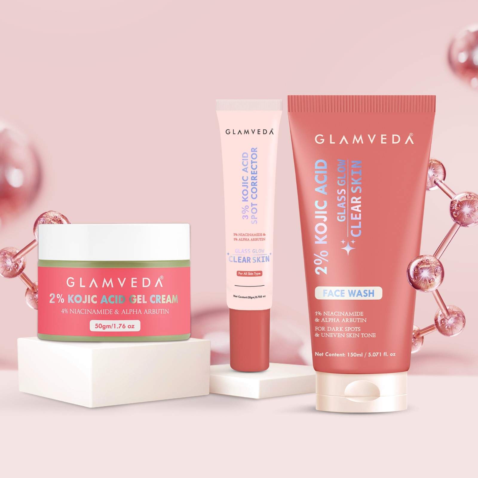 Glamveda 2% Kojic Acid Skincare Trio – Facewash, Spot Corrector & Cream for Dark Spot Removal, Pigmentation, Acne Marks & Uneven Tone