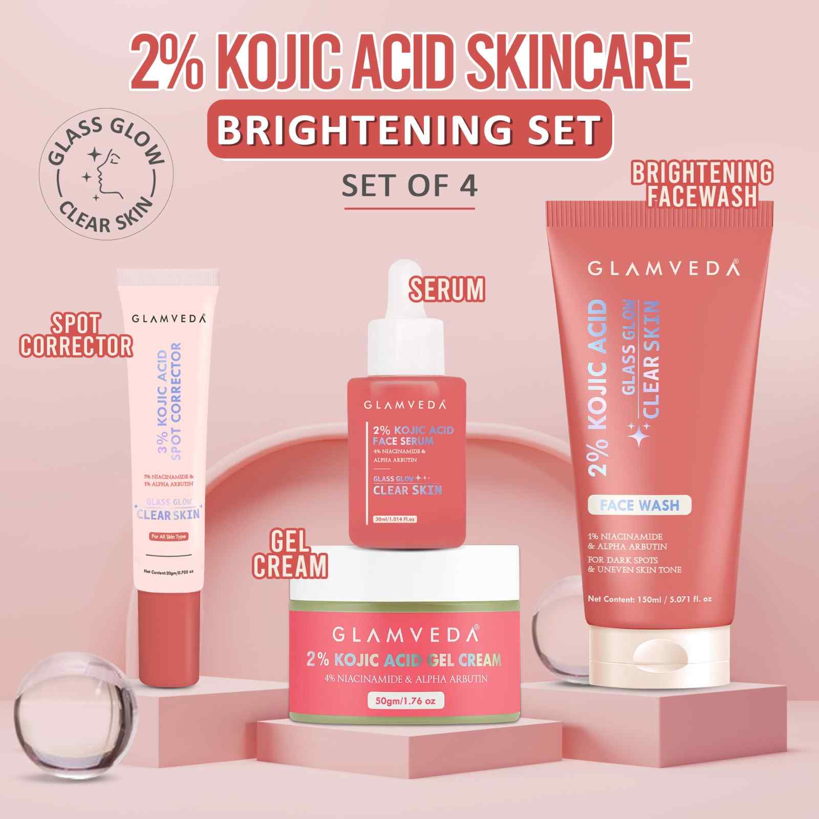 Glamveda 2% Kojic Acid 4-Step Skincare Set – Face Wash, Spot Corrector, Serum & Cream | Targets Dark Spots & Pigmentation | Brightens & Evens Skin Tone
