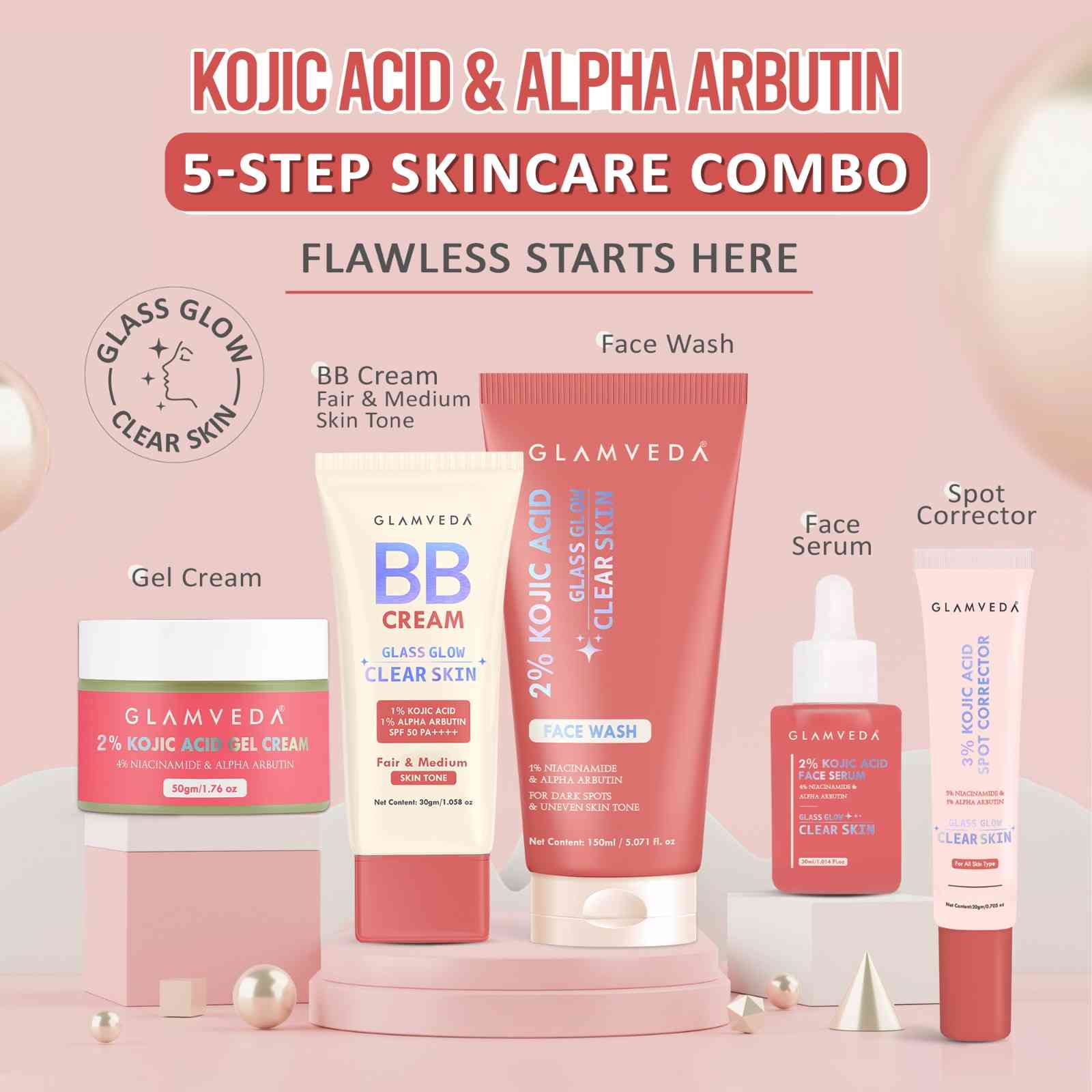 Glamveda 2% Kojic Acid 5-Step Skincare Routine Combo | Brightens Skin, Reduces Dark Spots, Evens Tone & Provides Lightweight Coverage | Face Wash, Spot Corrector, Serum, Cream & BB Cream For Fair Skin Tone