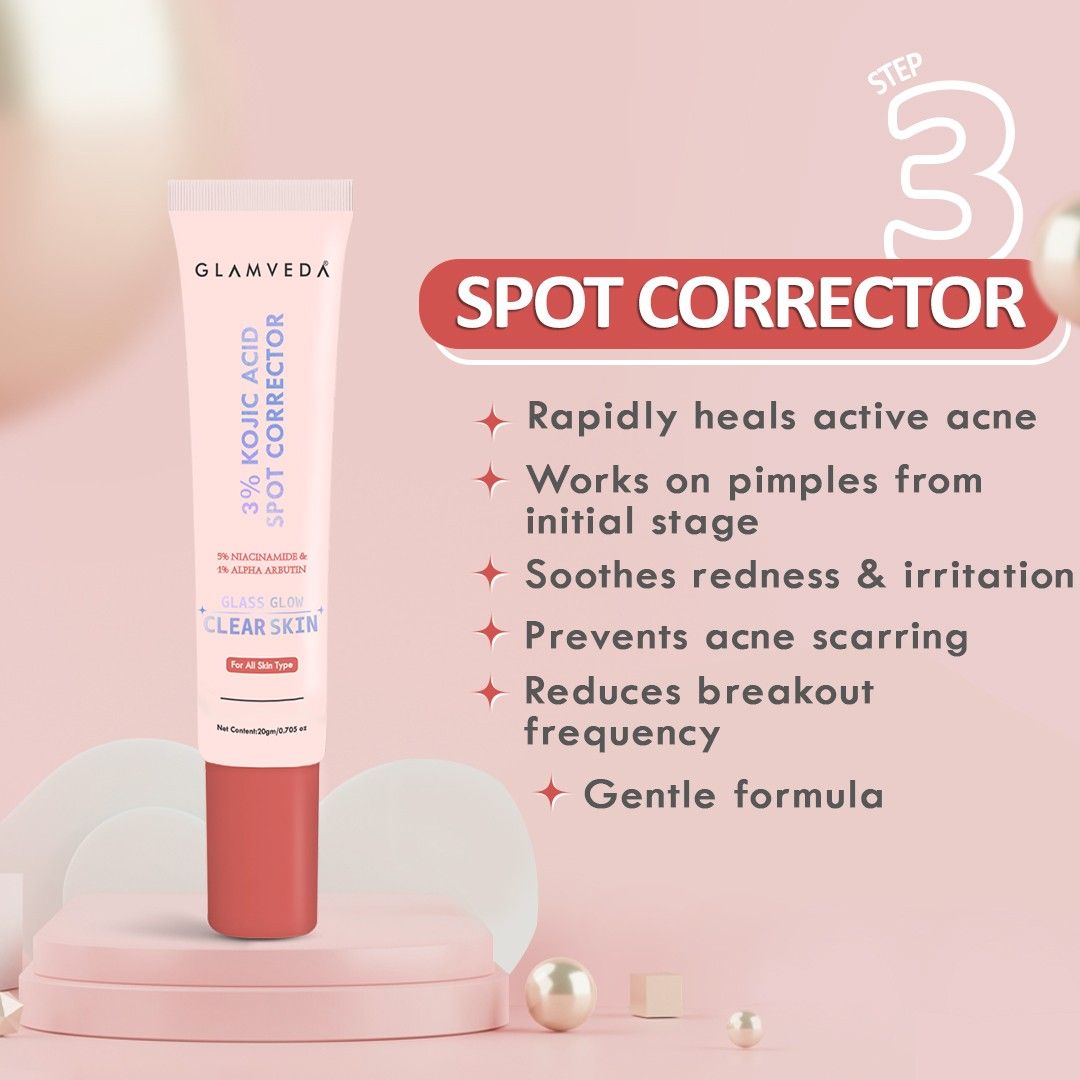 Glamveda 2% Kojic Acid 5-Step Skincare Routine Combo | Brightens Skin, Reduces Dark Spots, Evens Tone & Provides Lightweight Coverage | Face Wash, Spot Corrector, Serum, Cream & BB Cream For Fair Skin Tone