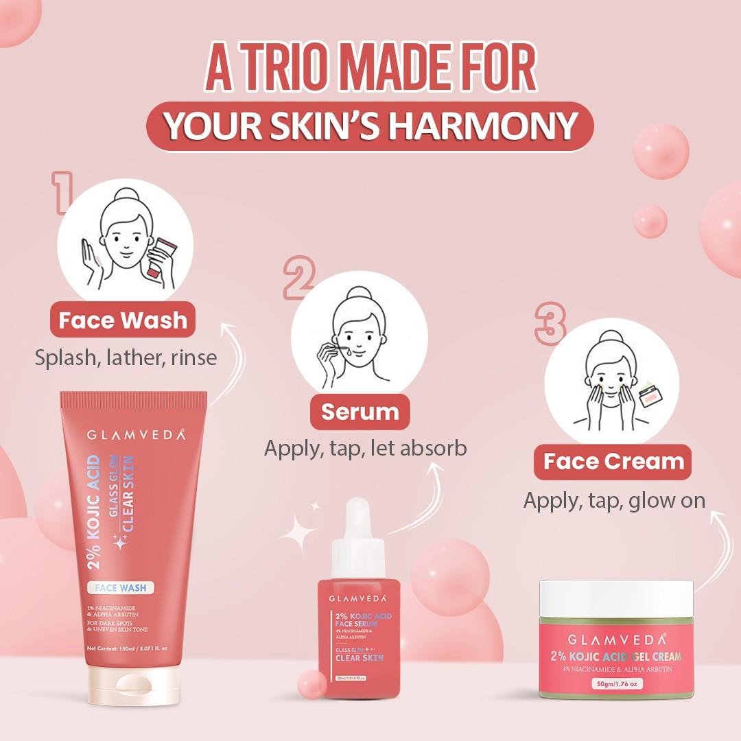 2% Kojic Acid Skincare Routine – Facewash, Serum & Cream for Pigmentation |Dark Spot Treatment & Skin Brightening