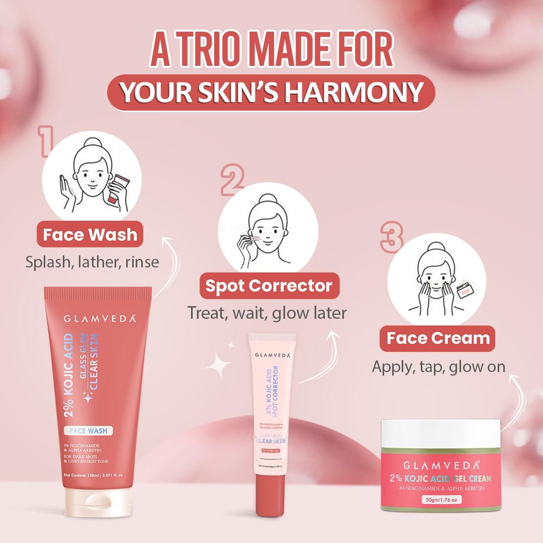 2% Kojic Acid Skincare Trio – Facewash, Spot Corrector & Cream for Dark Spot Removal, Pigmentation, Acne Marks & Uneven Tone