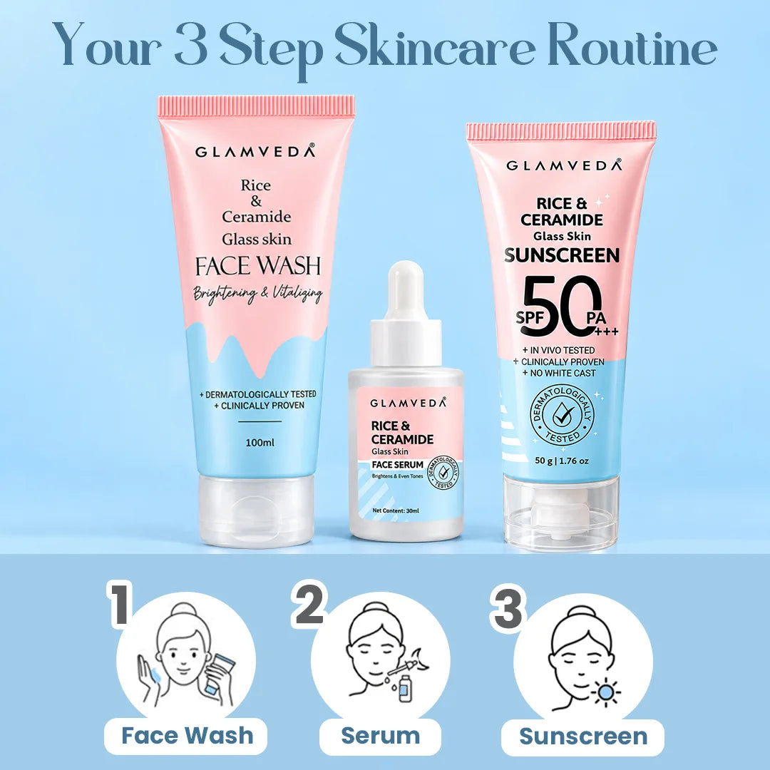 Korean Glass Skin Rice & Ceramide 3 Step Combo | Face Wash, Serum & Sunscreen