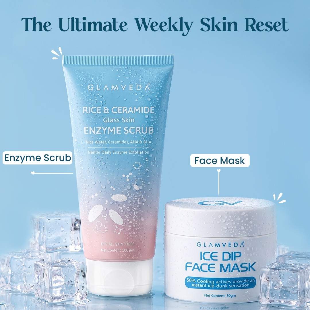 Cooling & Glow Duo | Rice & Ceramide Enzyme Scrub + Ice Dip Cooling Face Mask | 150gm