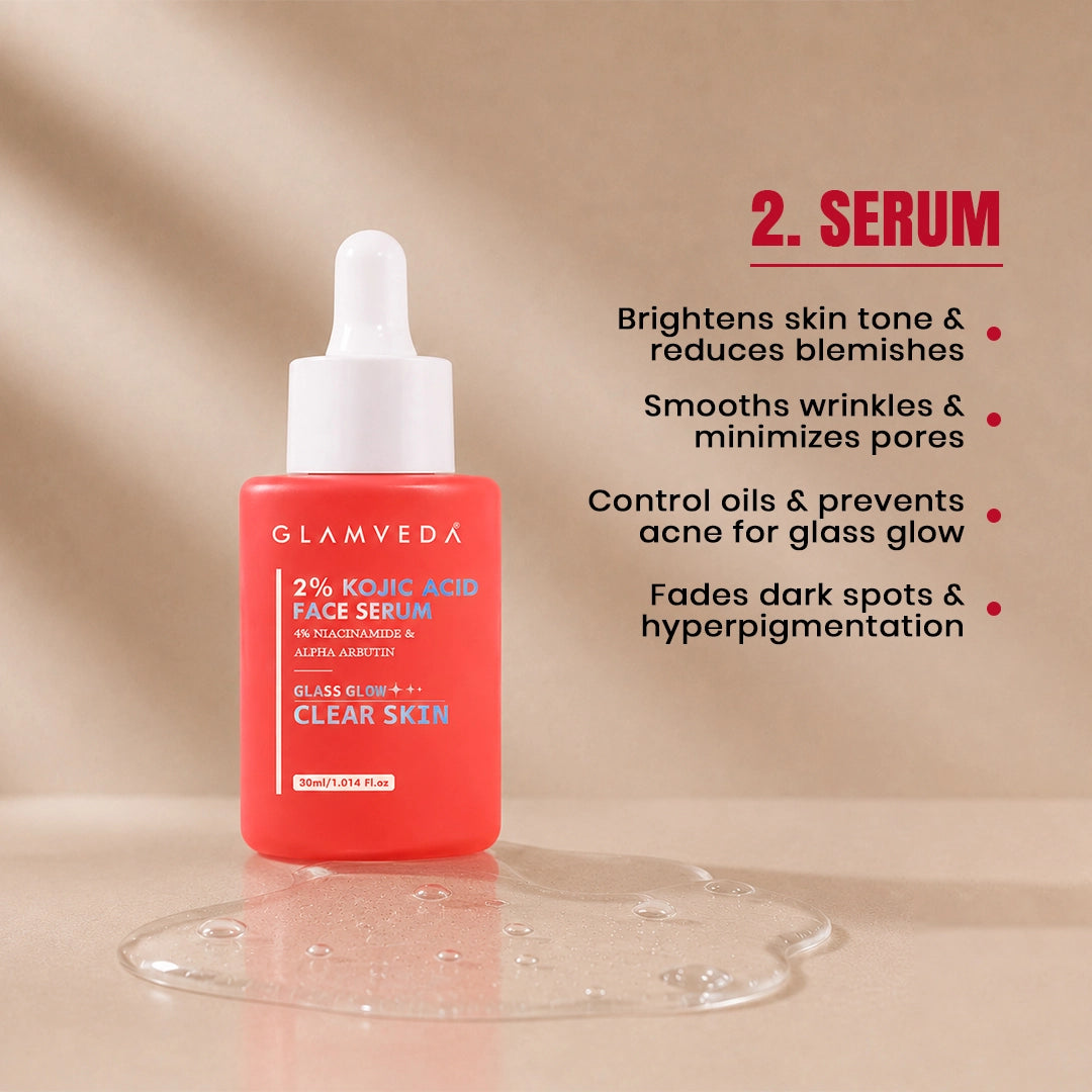 2% Kojic Acid 3 Step Skincare Routine– Face wash, Serum & Cream for Dark Spot Reduction