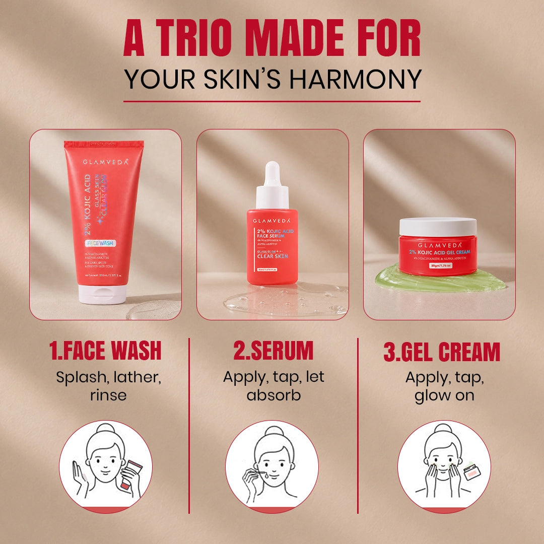 2% Kojic Acid 3 Step Skincare Routine– Face wash, Serum & Cream for Dark Spot Reduction