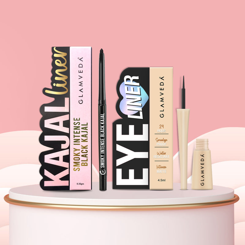 Glamveda Smudge-Proof Black Kajal & Eyeliner Combo | Intense Pigment | Waterproof & Long-Lasting | Perfect for Everyday & Party Looks