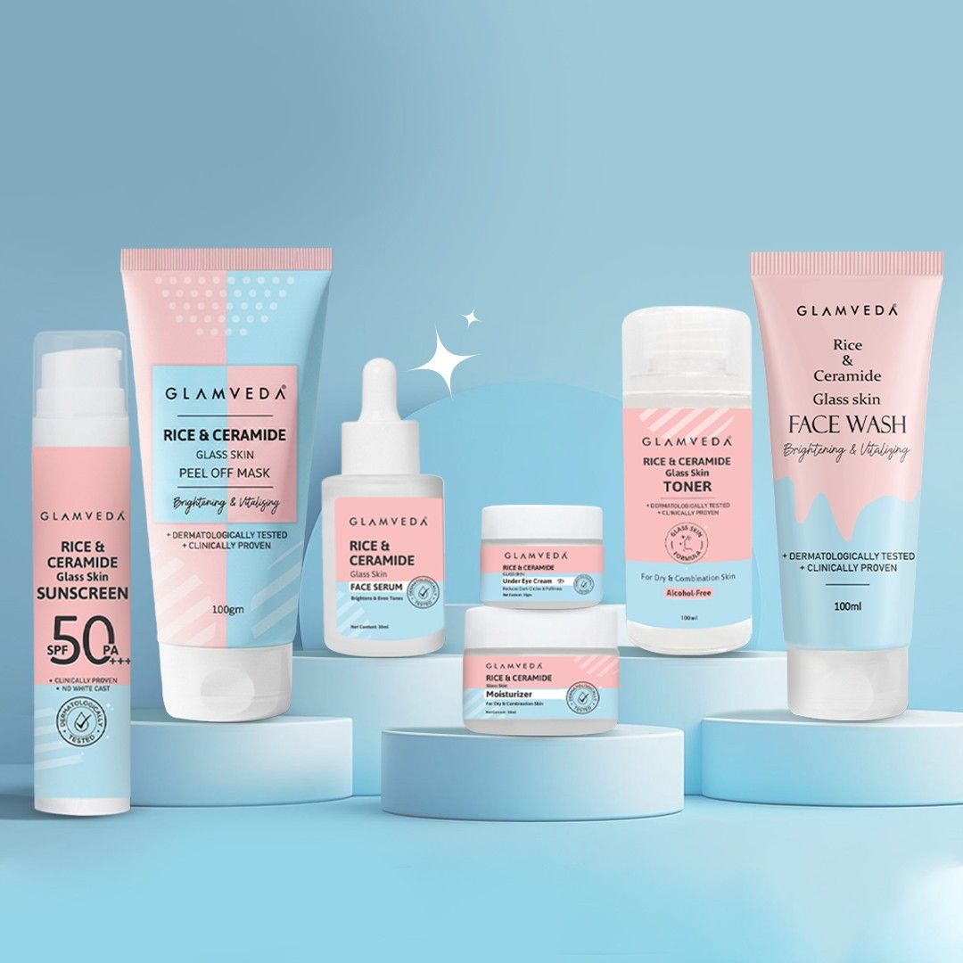 Glamveda Korean Glass Skin Rice & Ceramide 7 Step Gift Box | Face wash, Peel Off Mask, Toner, Serum, Under eye cream, Moisturizer & Sunscreen