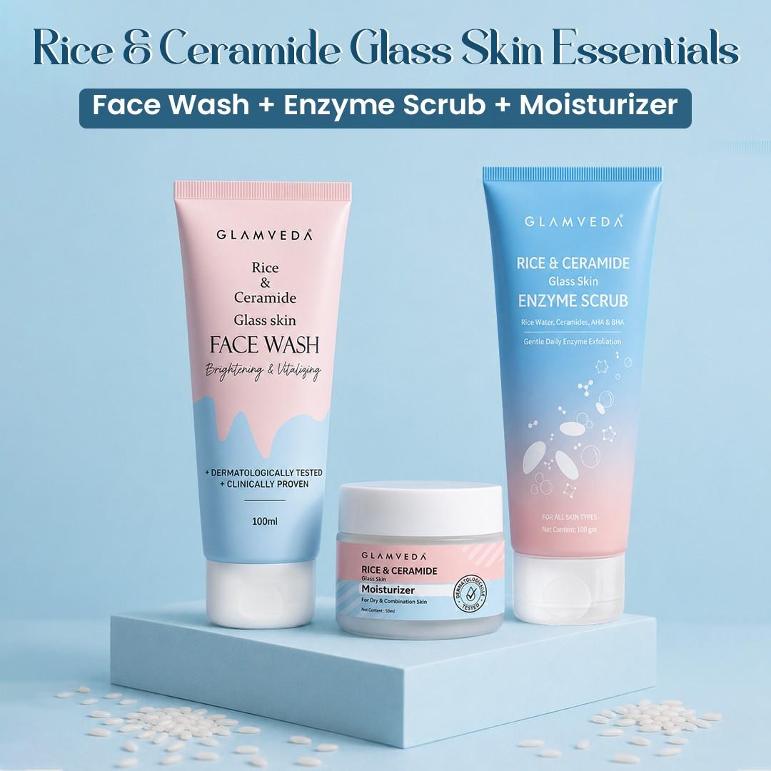 Rice & Ceramide Glass Skin Essentials | Face Wash + Enzyme Scrub + Moisturizer Combo | Korean Skincare Routine | 250ml
