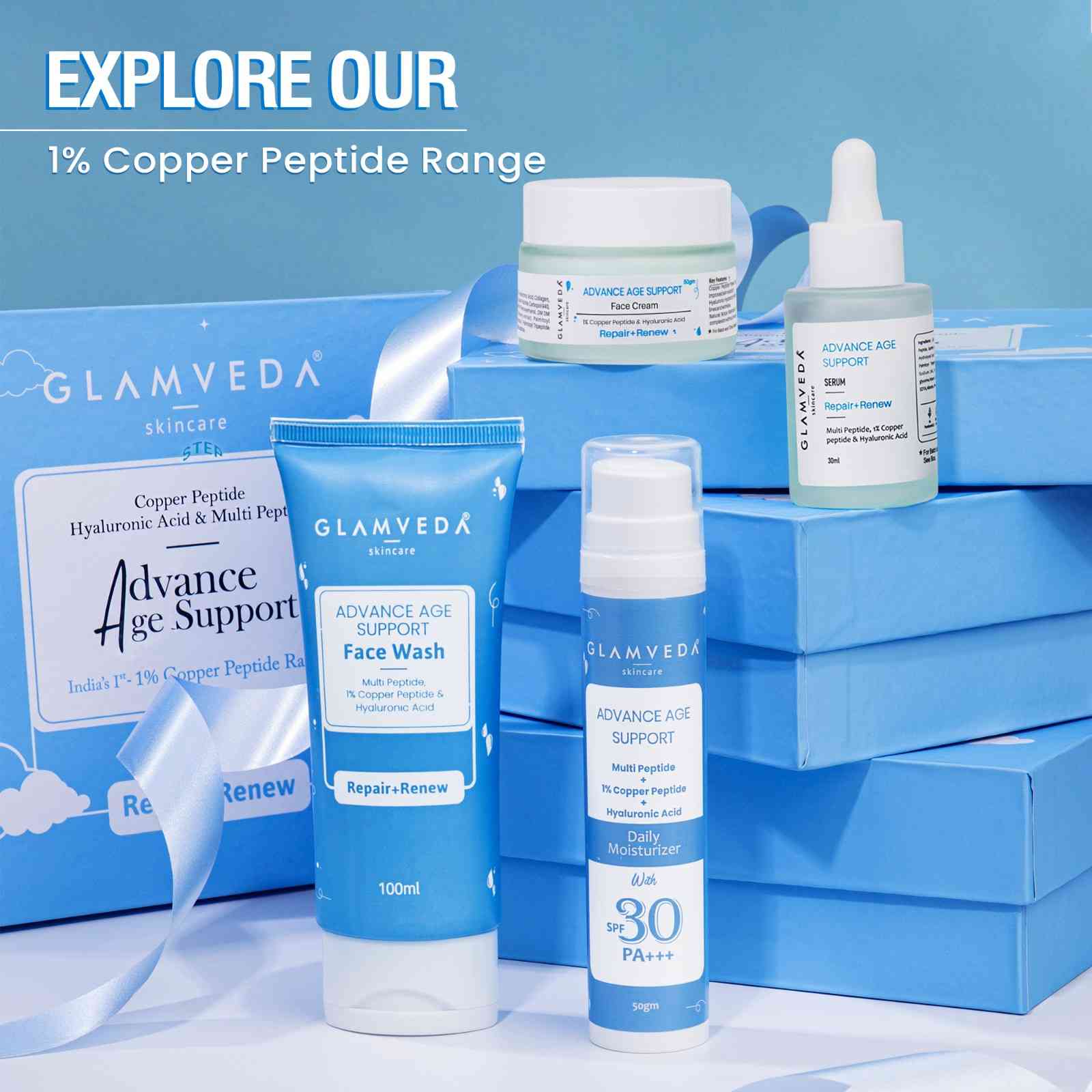 Glamveda 1% Copper peptide with Multi peptide & hyaluronic acid Advance Age Support Face Serum