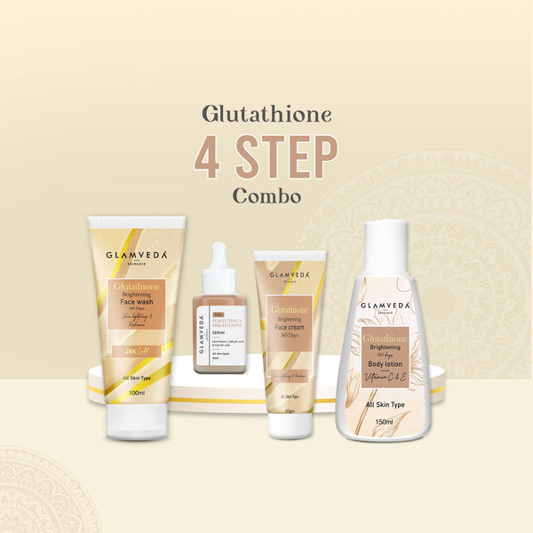 Glamveda Glutathione Skin Perfecting Brightening & Dark Spots Removal 4 Steps Skincare Routine ( Face Wash + Face Cream + Face Serum + Body Lotion )