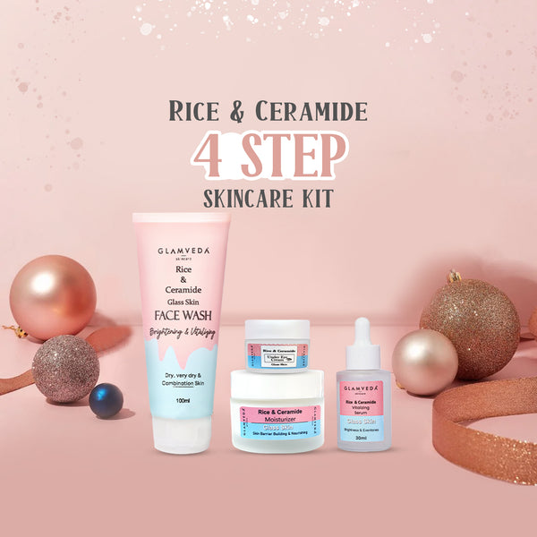 Glamveda Korean Glass Skin Rice & Ceramide 4 Step Gift Box | Face wash, Serum, Under-eye cream, Moisturizer