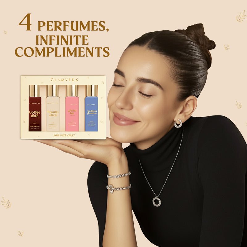 Luxe Fragrance Vanity  - Vanilla Elixir+Coffee Date+Goddess Jasmine+Floral Bae | Luxury Pure Perfume Gift Set for Women 4 x 20ml