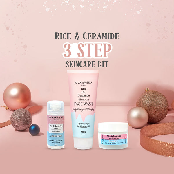 Glamveda Korean Glass Skin Rice & Ceramide 3 Step Combo | Face Wash, Toner & Moisturizer