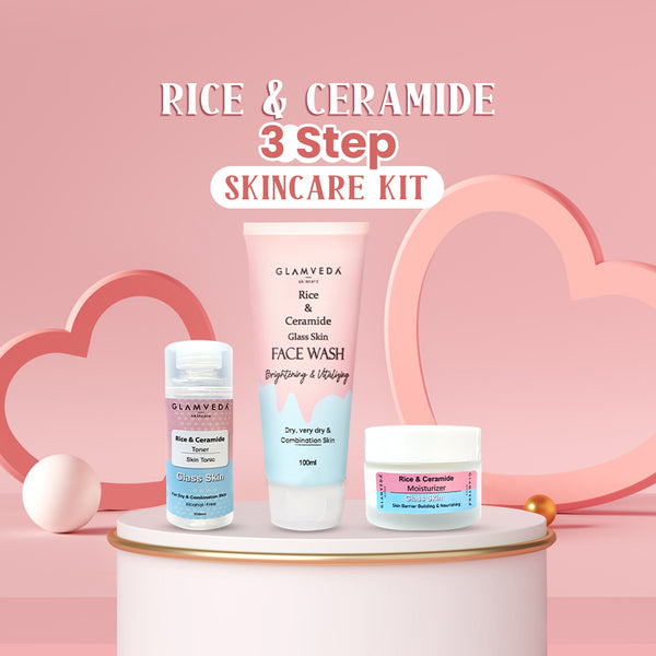 Glamveda Korean Glass Skin Rice & Ceramide 3 Step Combo | Face Wash, Toner & Moisturizer