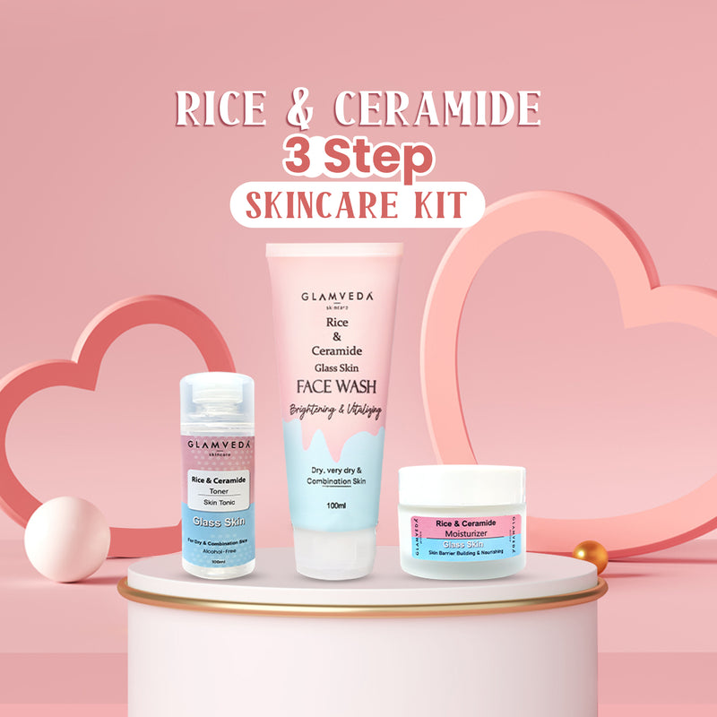 Glamveda Korean Glass Skin Rice & Ceramide 3 Step Combo | Face Wash, Toner & Moisturizer