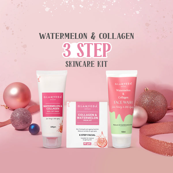 Glamveda Watermelon & Collagen Anti Ageing Combo Gift Pack | Reduces signs of ageing | Face Wash, Facial Kit & Peel Off Mask